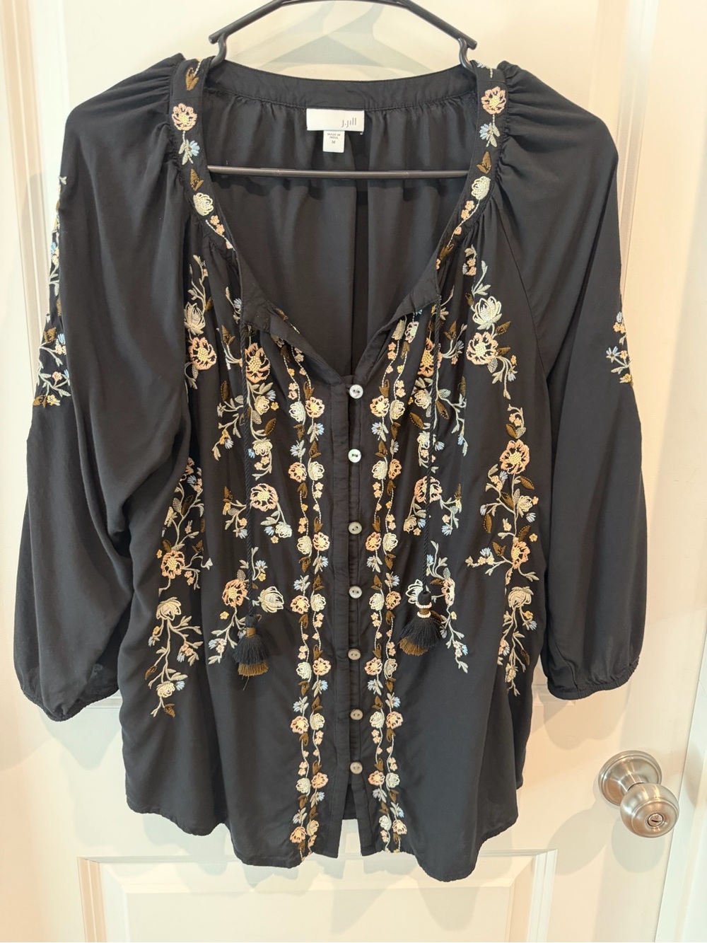 J. Jill Black Embroidered Blouse with Tassels Size Medium